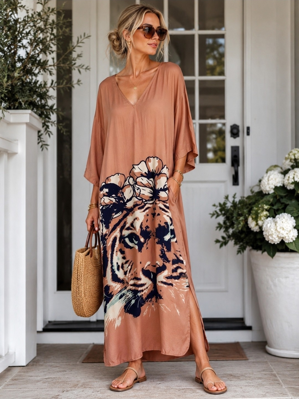 Las Sureñas Tiger Print Maxi Dress Size Medium  Resort Coastal Luxury Hamptons